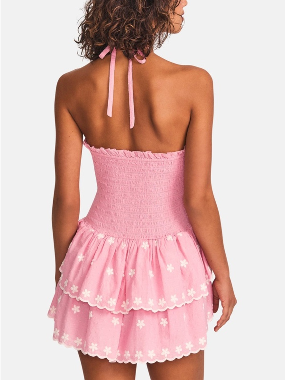 LoveShackFancy Aqua Halter Mini Dress Candy Pink Floral Embroidered XS - Picture 3 of 7